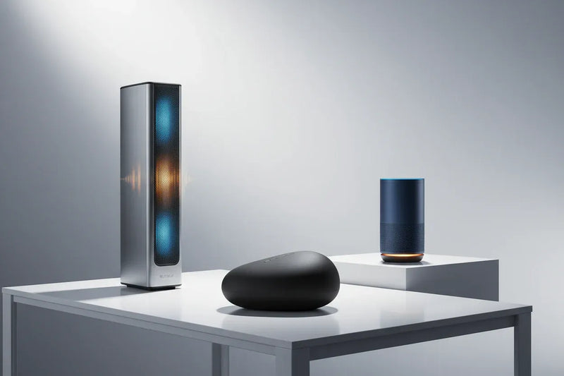 A collection of modern, diverse speakers, including a portable Bluetooth speaker, a sleek home speaker, and a party speaker, arranged on a clean, minimalist table display