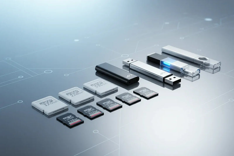 An aesthetic display of various digital storage devices, including Micro SD memory cards and USB flash drives, arranged on a clean, modern surface to represent high-speed data backup and file portability.
