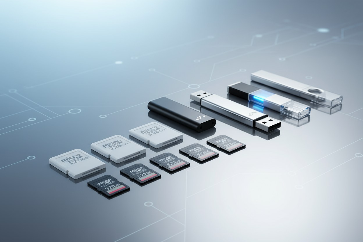 An aesthetic display of various digital storage devices, including Micro SD memory cards and USB flash drives, arranged on a clean, modern surface to represent high-speed data backup and file portability.