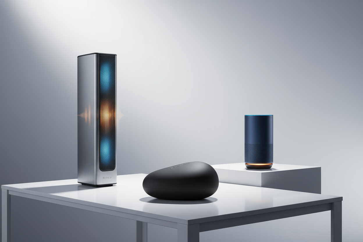 A collection of modern, diverse speakers, including a portable Bluetooth speaker, a sleek home speaker, and a party speaker, arranged on a clean, minimalist table display