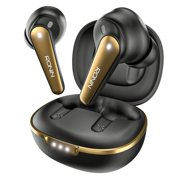 Ronin R-7065 Eclipse Wireless Earbuds Black and gold wireless earbuds with charging case on a white background