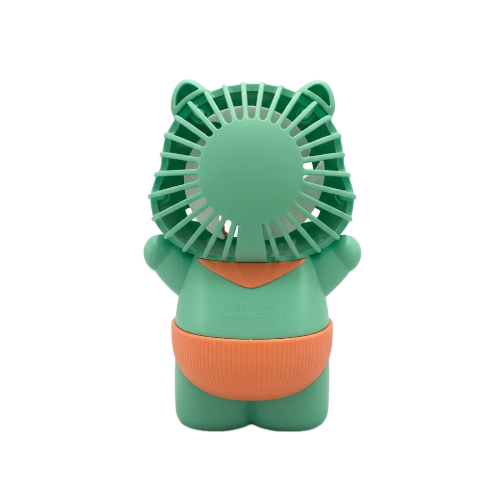 2-in-1 Bear shaped Mini Fan in Green and Orange - back view showing USB rechargeable port and stable desktop base for hands-free cooling