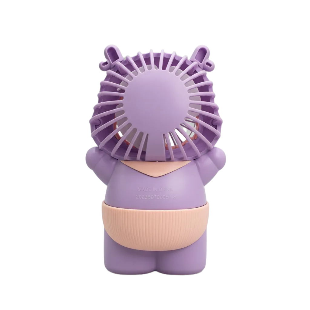 2-in-1 Bear shaped Mini Fan in Purple and Pink - back view displaying USB charging port and stable base for desktop cooling with cute bear design