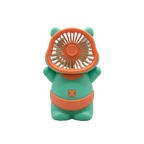 2-in-1 Bear shaped Mini Fan in Green and Orange - front view of portable USB rechargeable handheld fan with 3 adjustable speed settings and adorable bear design