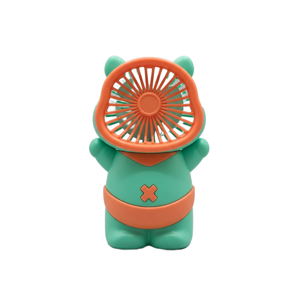 2-in-1 Bear shaped Mini Fan in Green and Orange - front view of portable USB rechargeable handheld fan with 3 adjustable speed settings and adorable bear design