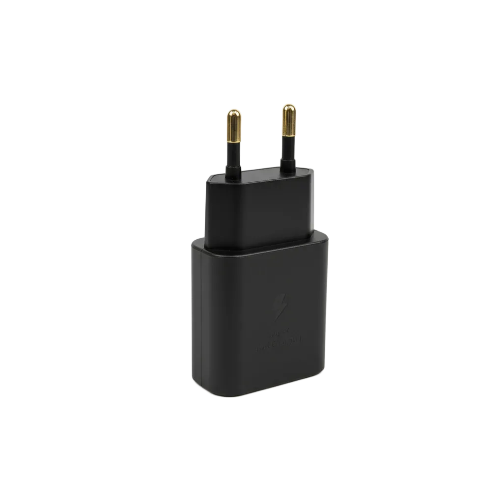 Samsung 25W Super Fast Charger Black side view - sleek USB Type-C adapter with advanced PD 3.0 technology for home, office, and on-the-go charging
