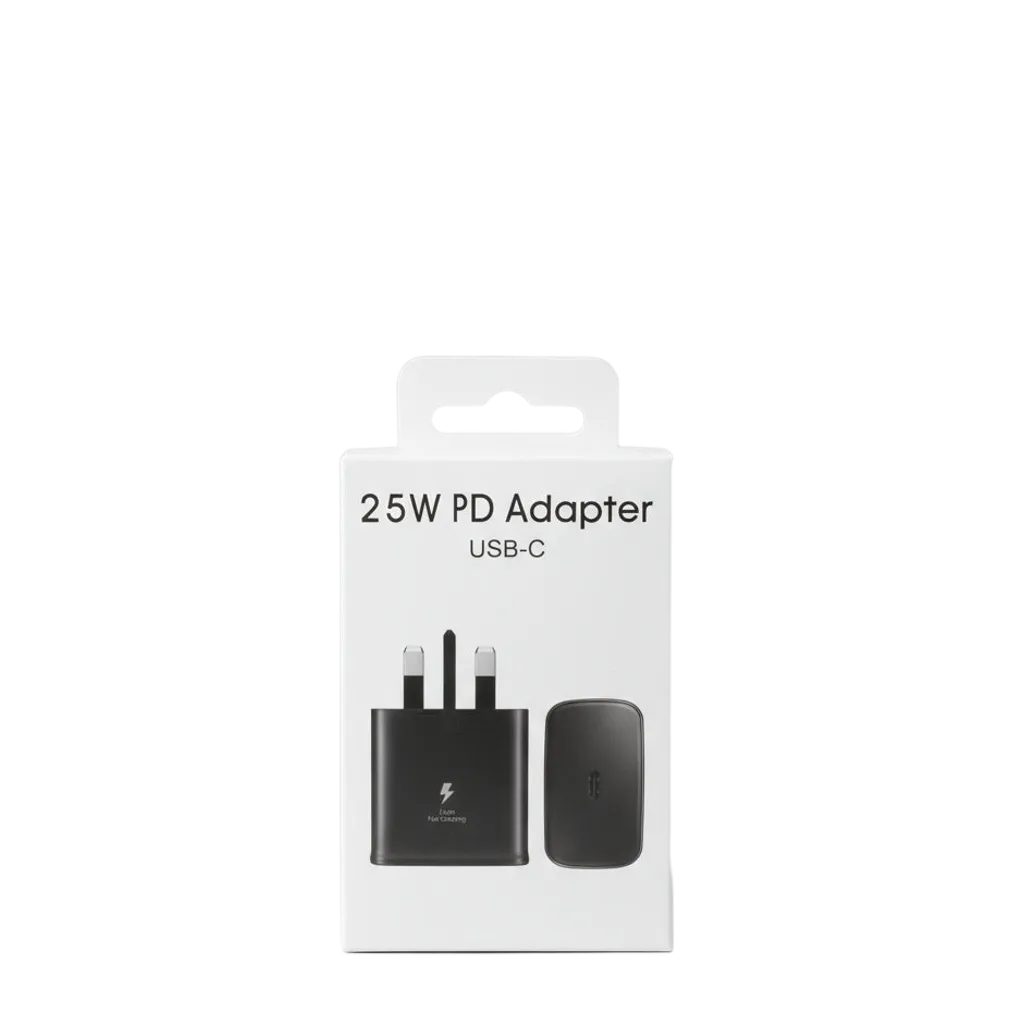 Samsung 25W Super Fast Charger retail packaging - 3-pin UK plug USB Type-C PD 3.0 wall charger with intelligent power adjustment for safe efficient charging of Samsung Galaxy devices