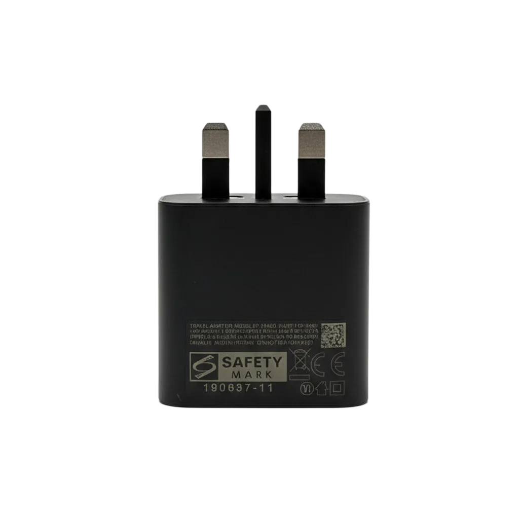 Samsung 25W Super Fast Charger Black back view - USB Type-C PD 3.0 port with 3-pin UK plug for direct connection to UK power outlets without adapters