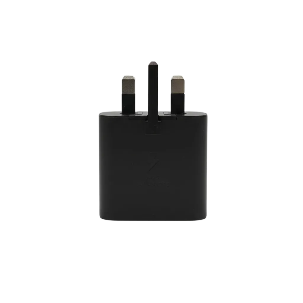 Samsung 25W Super Fast Charger Black front view - travel-friendly USB Type-C PD 3.0 adapter with UK 3-pin plug for rapid charging of Galaxy smartphones and tablets