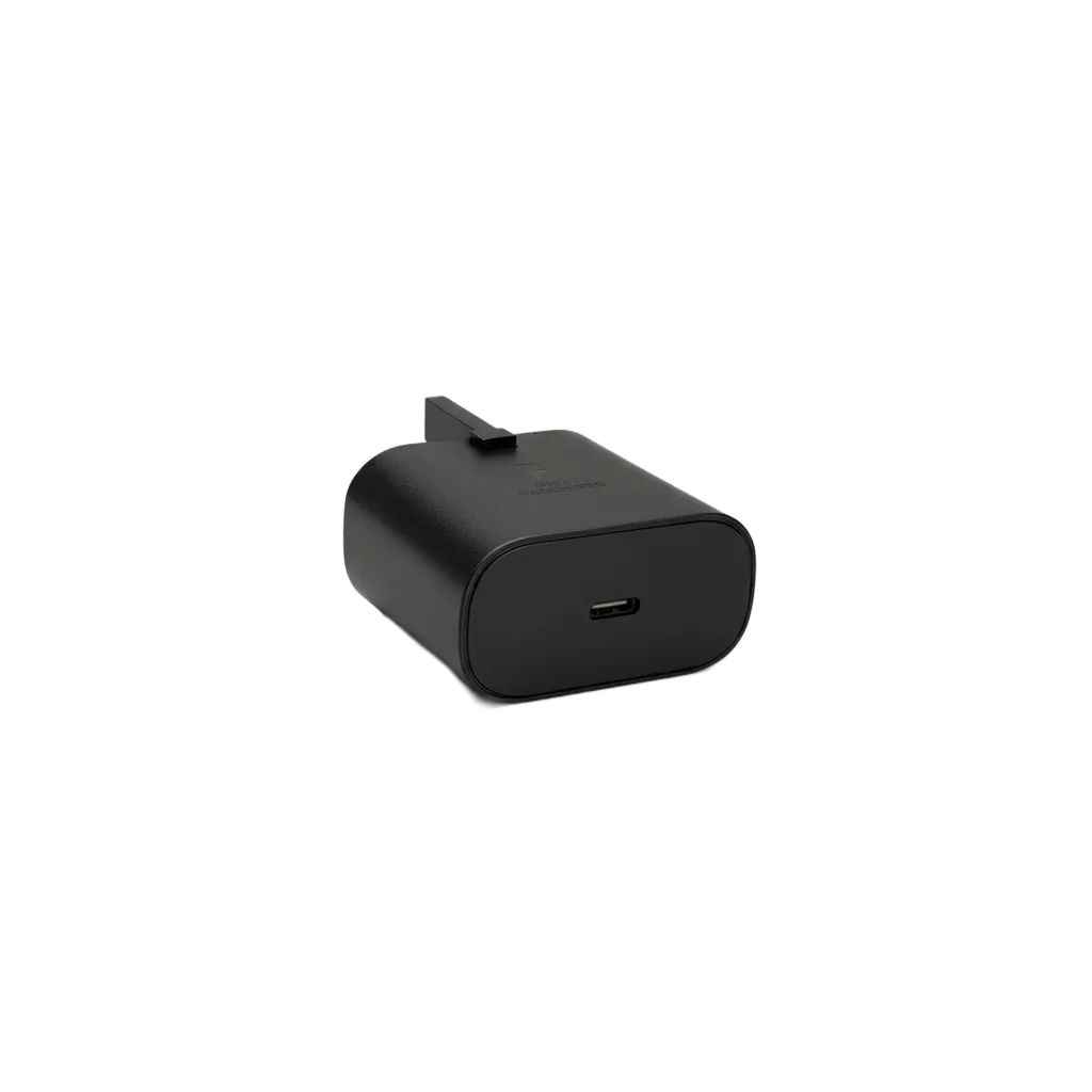 Samsung 25W Super Fast Charger Black side view - compact lightweight USB-C wall adapter with 3-pin UK plug and smart Power Delivery technology