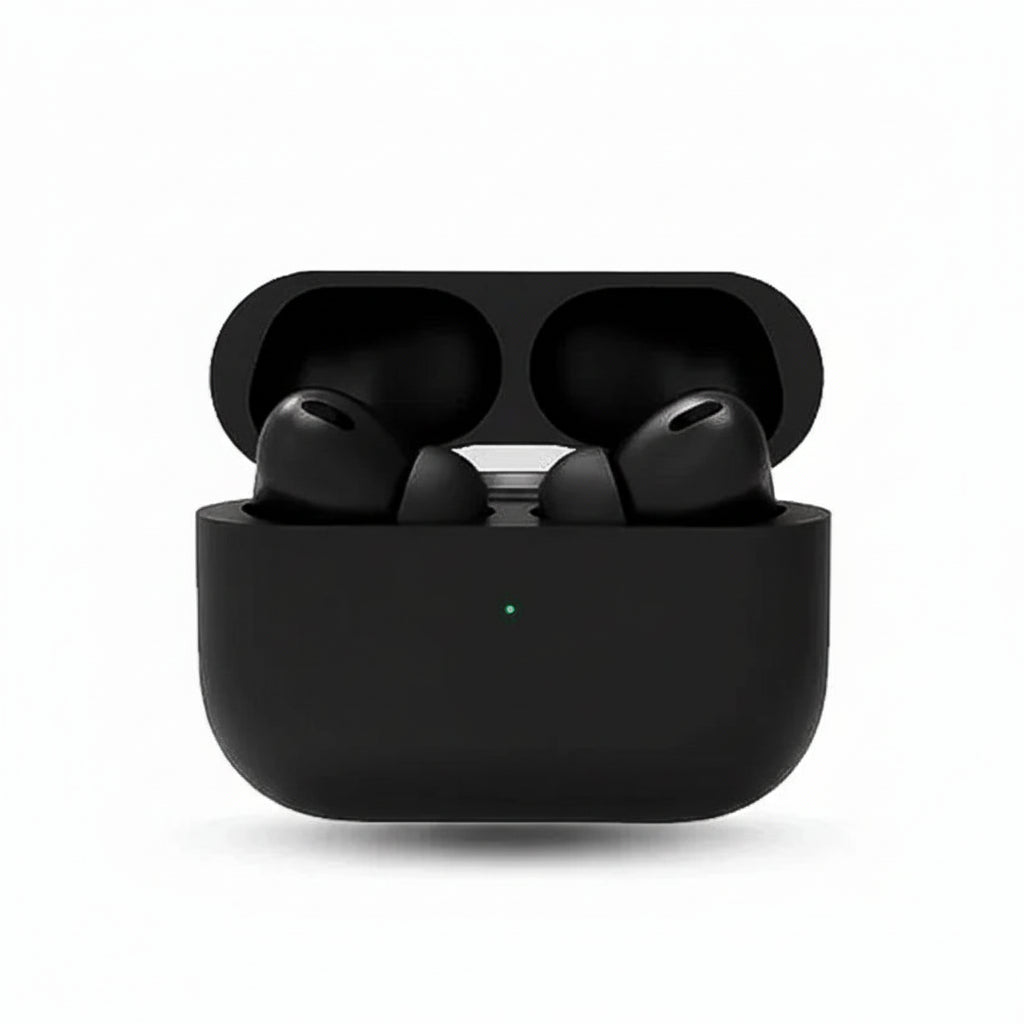 Black wireless earbuds in a charging case on a medium grey background