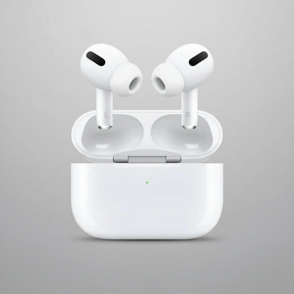 White wireless earbuds with charging case on a medium grey background