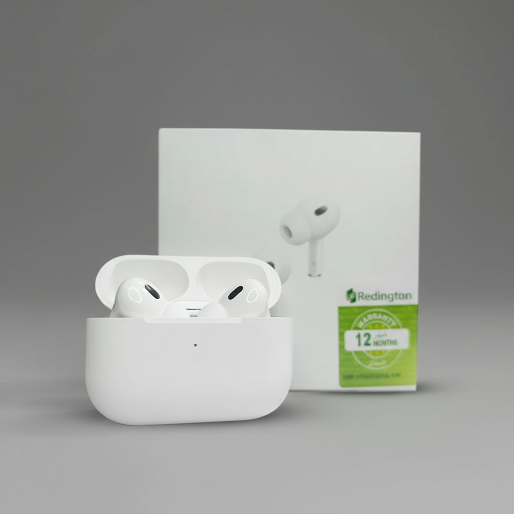 White wireless earbuds with charging case and Redington box on a grey