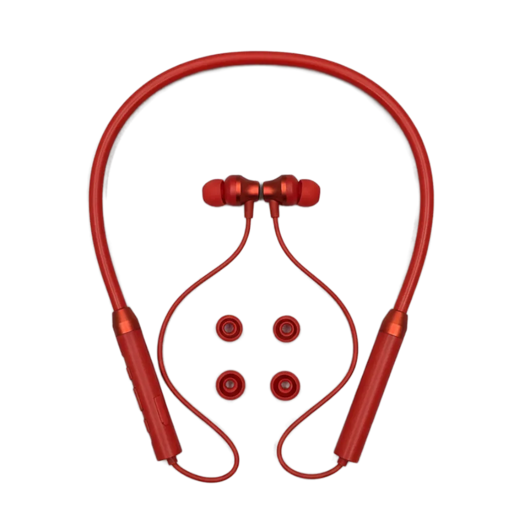 Amoi HY-Q5 Bluetooth Neckband Headphones in Red with ear tips - wireless sports earphones with secure neckband design and built-in controls for workouts and commuting