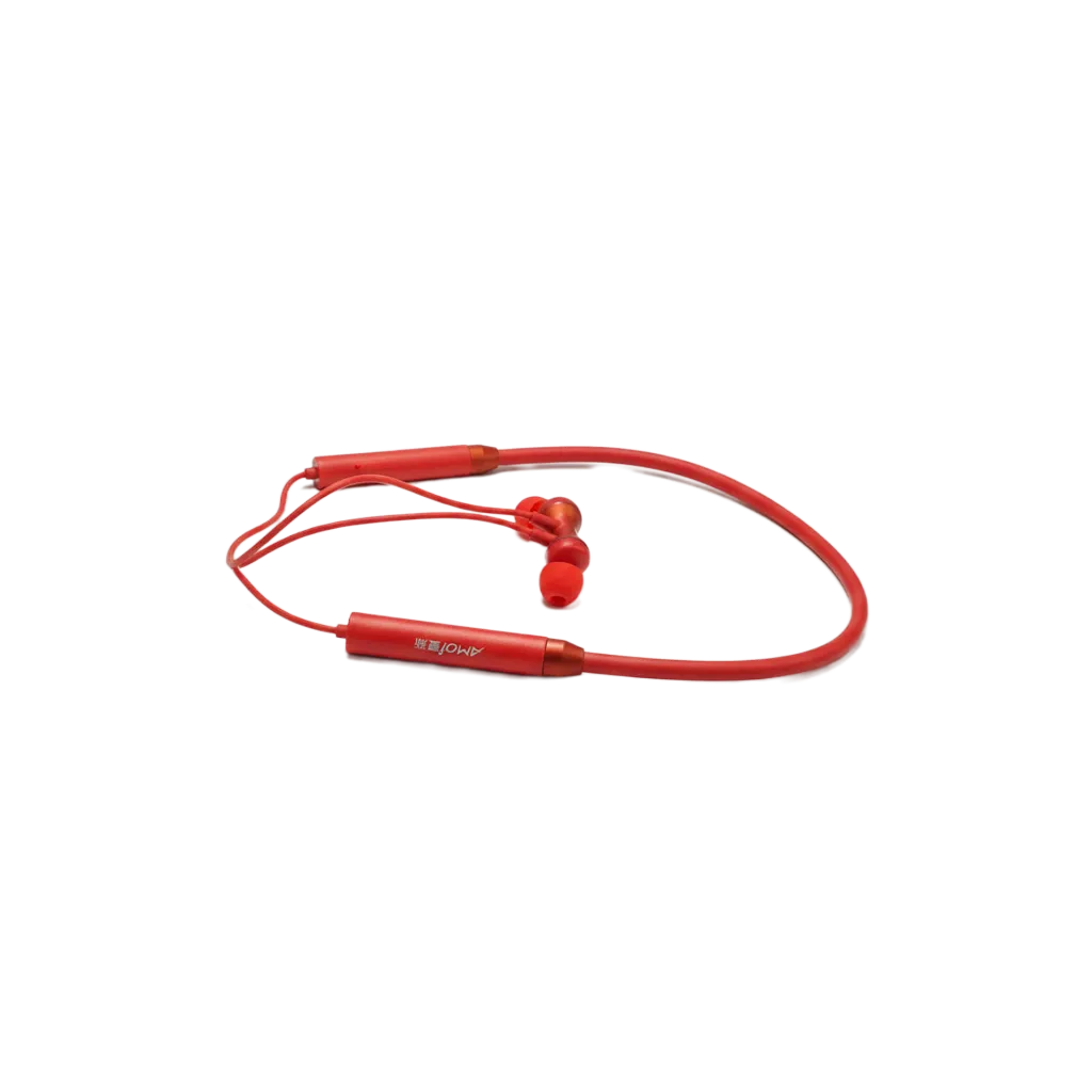 Amoi HY-Q5 Neckband Headphones Red side view - wireless sports earphones showing secure neckband comfort design that stays in place during exercise and prevents earbud loss