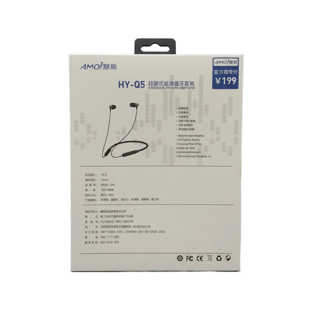 Amoi HY-Q5 Bluetooth Neckband Wireless Sports Headphones retail box back - specifications showing long battery life, uninterrupted audio streaming, and hands-free call management features