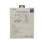 Amoi HY-Q5 Bluetooth Neckband Wireless Sports Headphones retail box back - specifications showing long battery life, uninterrupted audio streaming, and hands-free call management features