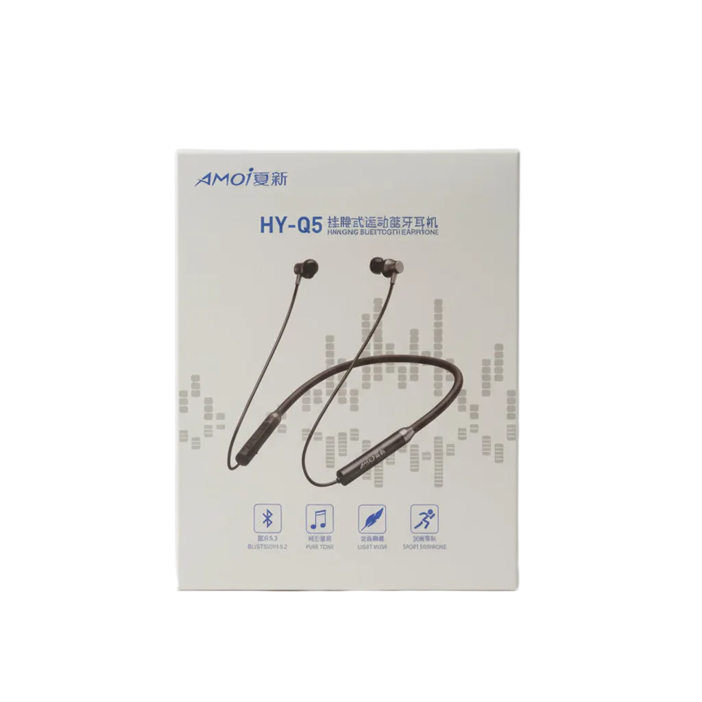 Amoi HY-Q5 Bluetooth Neckband Wireless Sports Headphones retail packaging - neckband earphones with reliable Bluetooth connection and all-day battery life