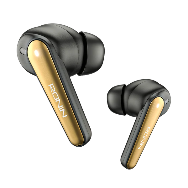Pair of black and gold wireless earbuds with 'RONIN' branding on a white background