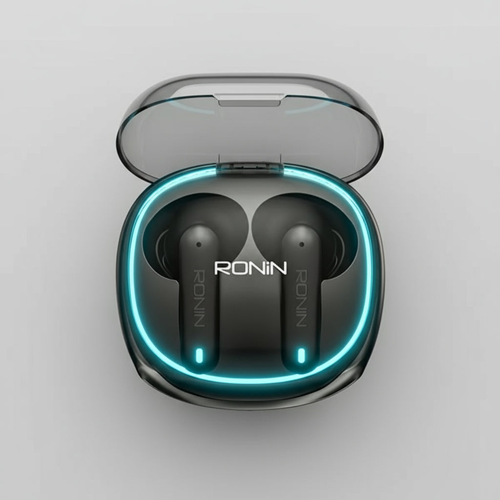 Black wireless earbuds with blue lighting in a charging case, branded 'RONIN'.