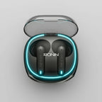 Black wireless earbuds with blue lighting in a charging case, branded 'RONIN'.