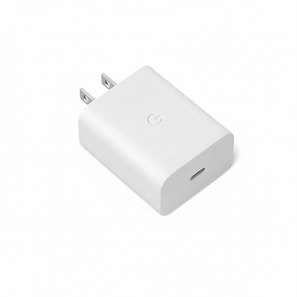 Google 30W 2-pin White power adapter with USB-C port on a white background
