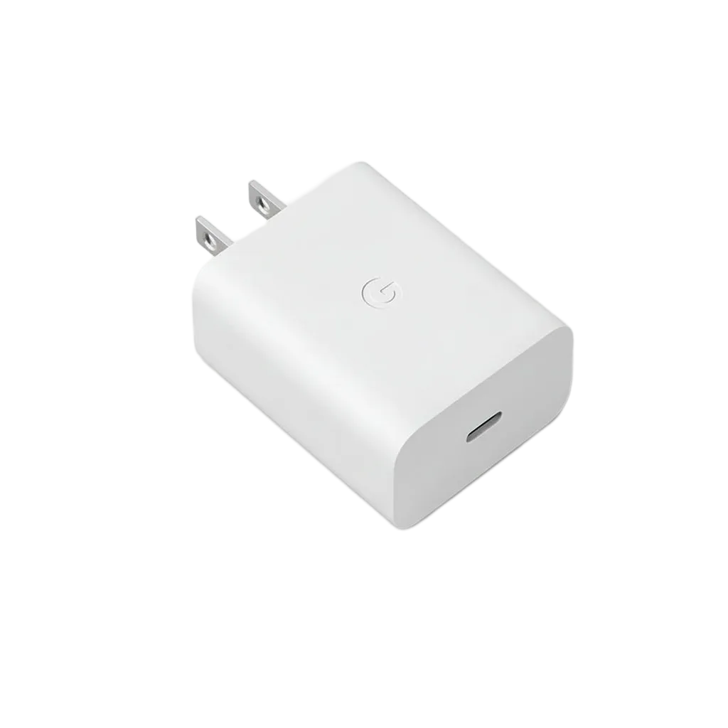 Google 30W USB-C Charger in White - compact 2-pin wall adapter with high-speed charging protocol and comprehensive safety protection for rapid power-ups
