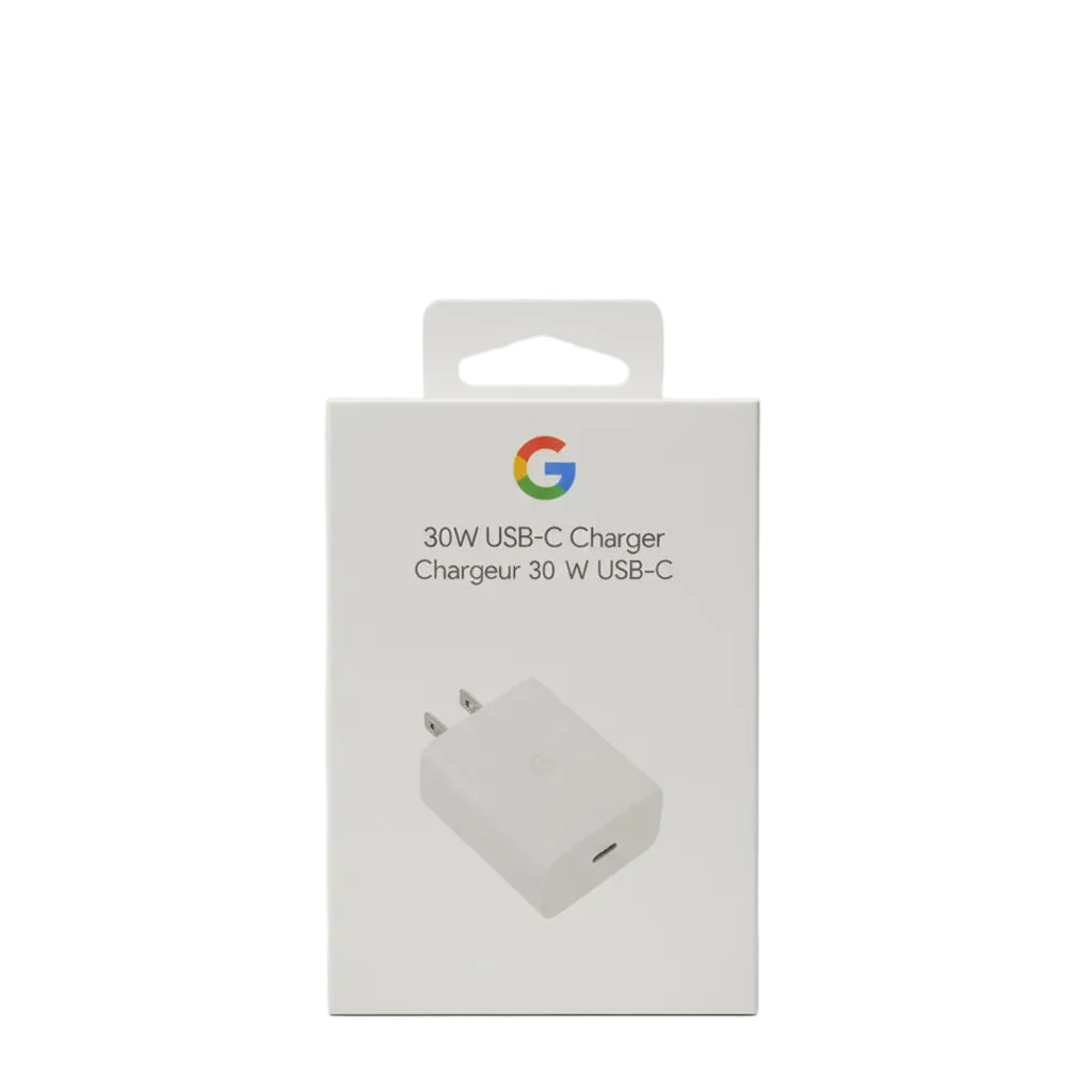 Google 30W USB-C Power Adapter retail packaging - Power Delivery 3.0 fast charging adapter with 2-pin plug for Google Pixel devices and tablets