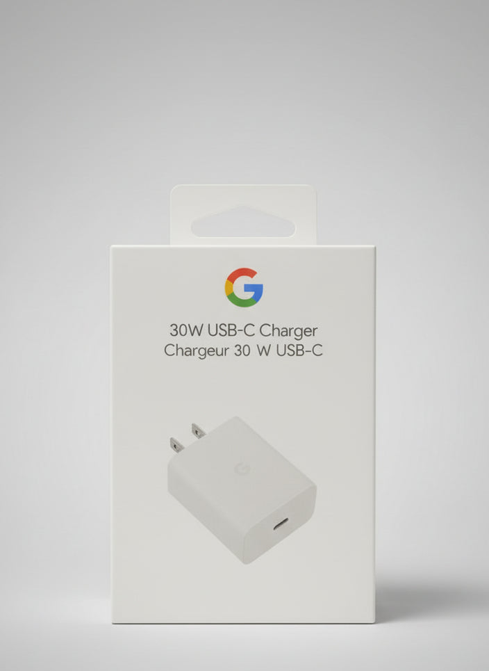 Box of 30W USB-C 2 pin charger with Google logo on a gray surface.