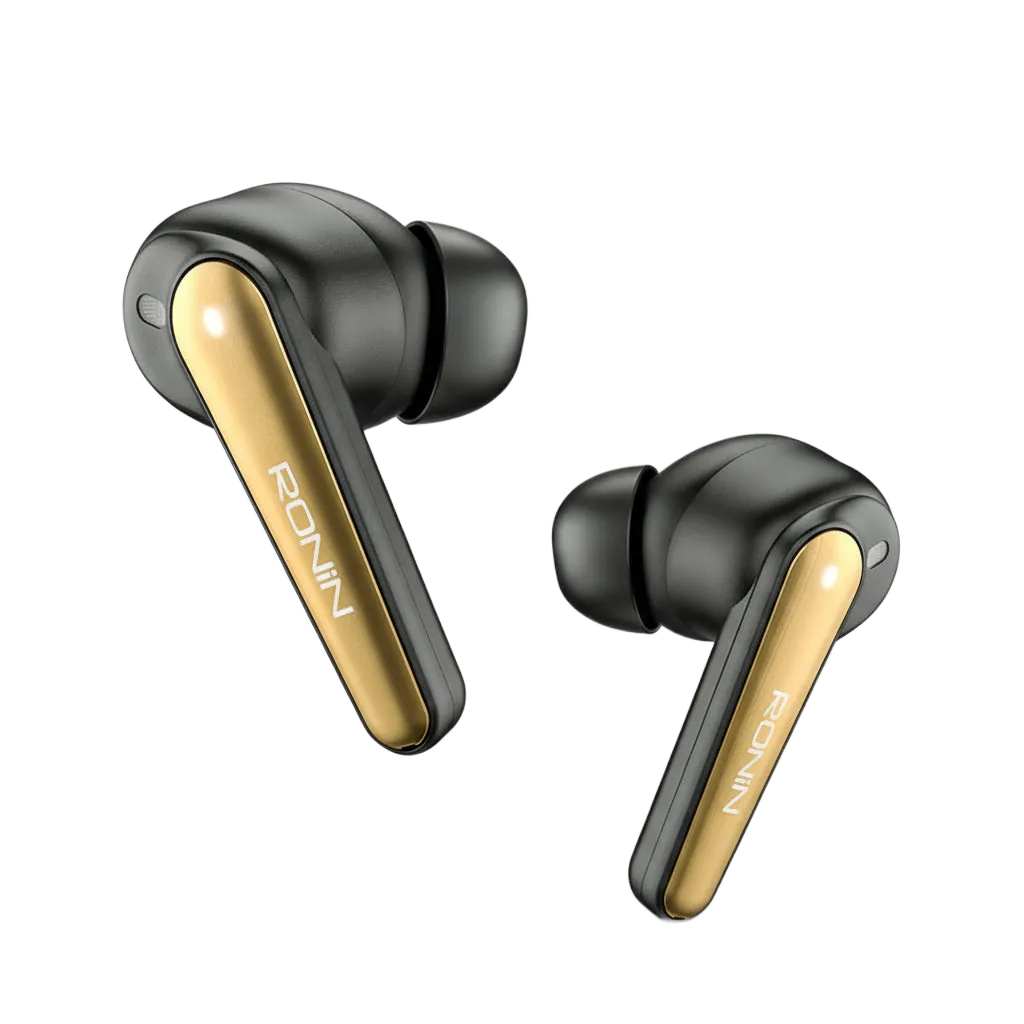 Ronin R-7065 Eclipse Black wireless earbuds - ergonomic design with secure fit, intuitive touch controls, and advanced driver technology for crystal-clear sound