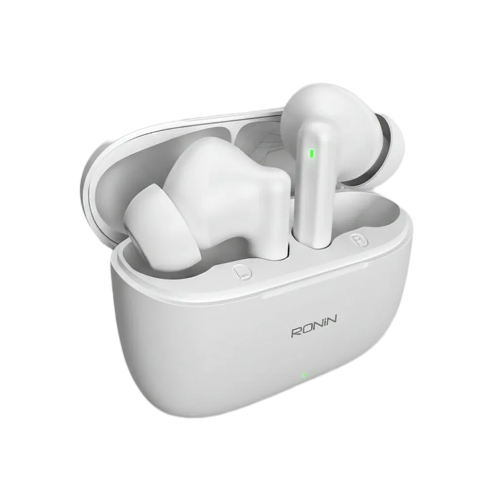 Ronin R-740 Vivid TWS Earbuds in White - Bluetooth 5.3 wireless earbuds with 13mm dynamic drivers, IPX4 sweat resistance, and Ronin app control