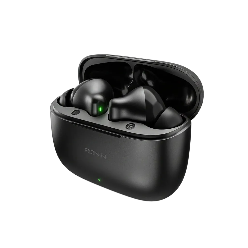 Ronin R-740 Vivid Black TWS Earbuds - wireless earbuds with Superior Voice Precision ENC technology and customizable touch controls via Ronin Studio App