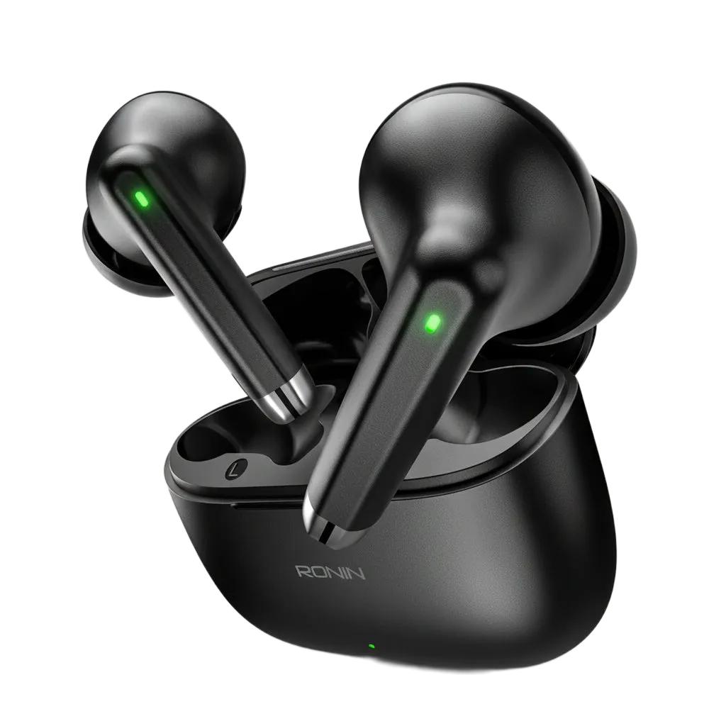 Ronin R-740 Vivid TWS Earbuds in Black with charging case - 13mm deep bass drivers with Bluetooth 5.3 and IPX4 water resistance for workouts