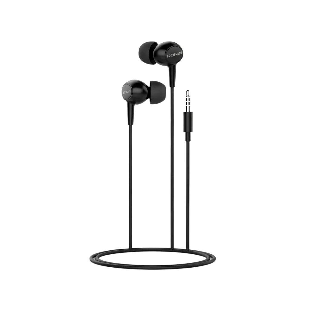 Ronin R-9 Wired Handsfree Earphones Black - durable 3.5mm jack earbuds with ergonomic design, hands-free calling, crystal-clear audio, and multiple ear tip sizes for all-day comfort