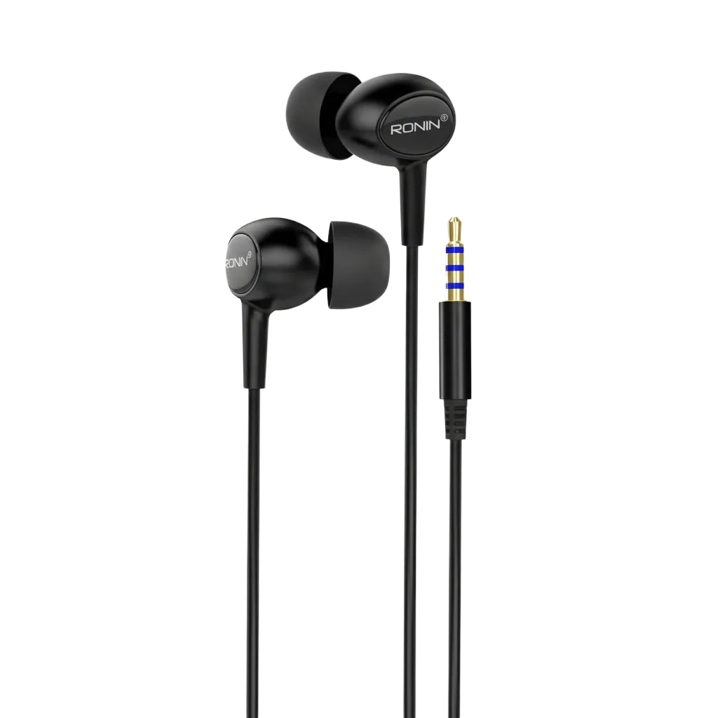 Ronin R-9 The OG Crystal Clear Sound Wired Handsfree in Black - 3.5mm wired earphones with built-in microphone, in-line controls, and deep bass for universal device compatibility