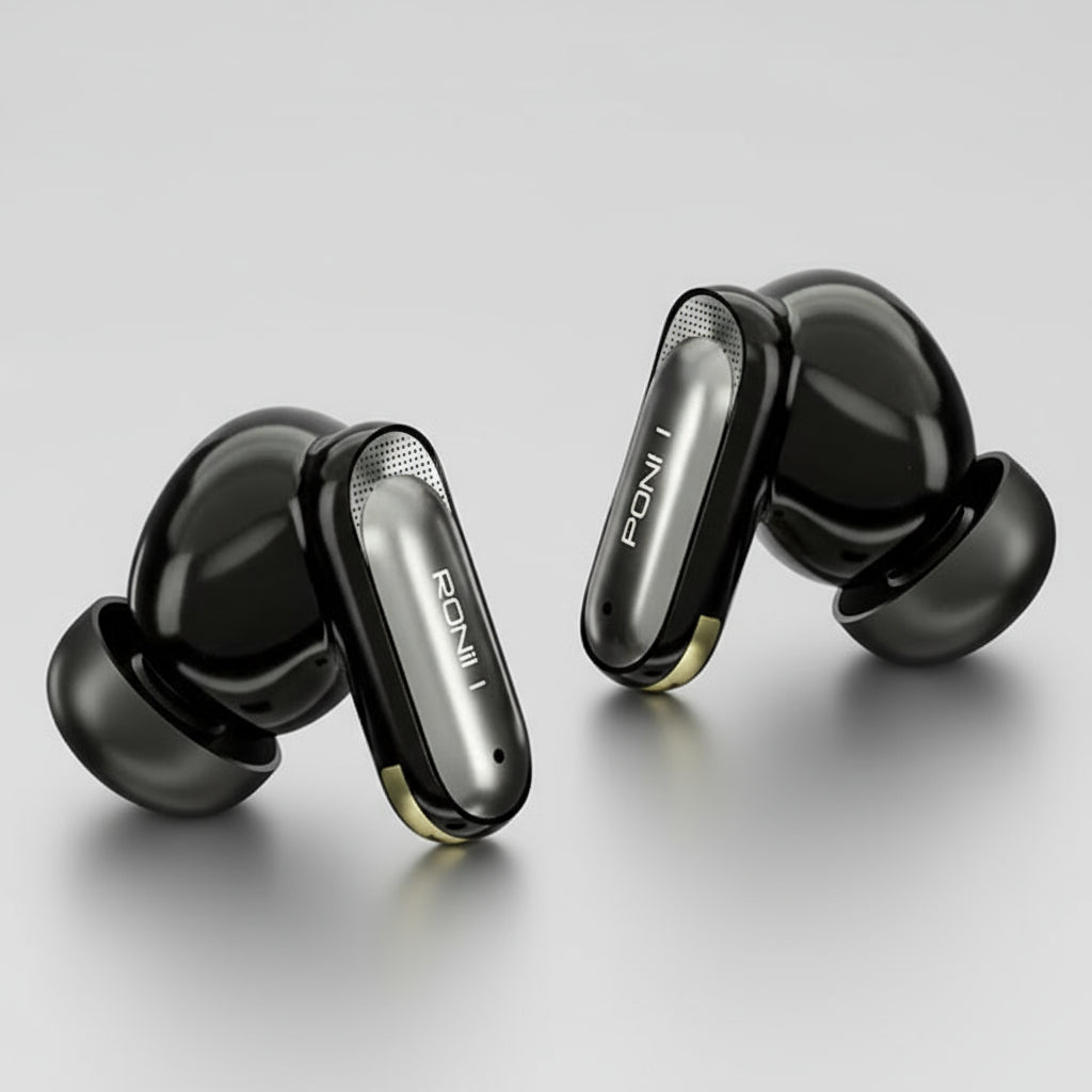 Black R-7050 Eminence Black wireless earbuds with 'RONIN' branding on a white background