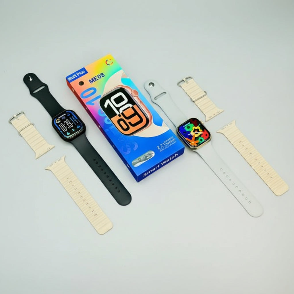 Smartwatch with interchangeable bands and packaging on a white background