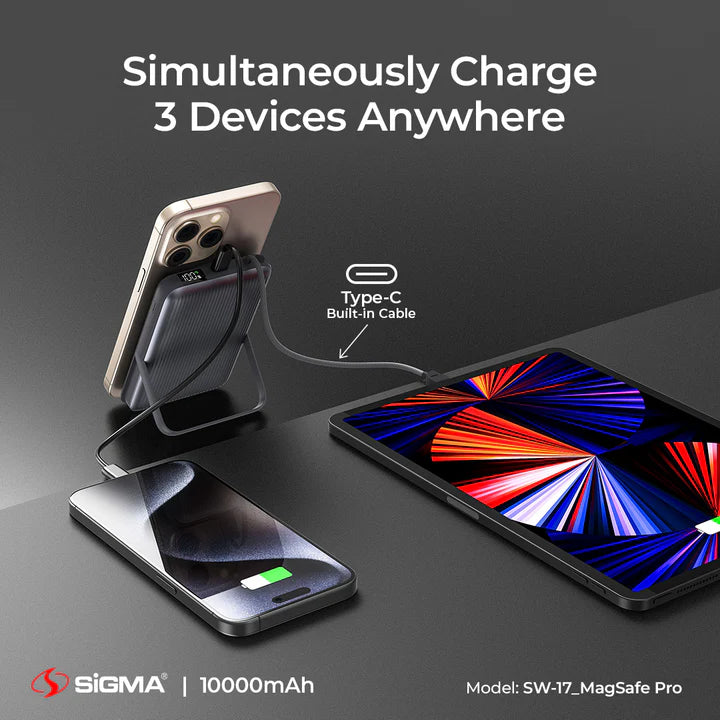 Sigma 10000mAh power bank charging Mobile and tablet at once with multiple devices on a dark surface
