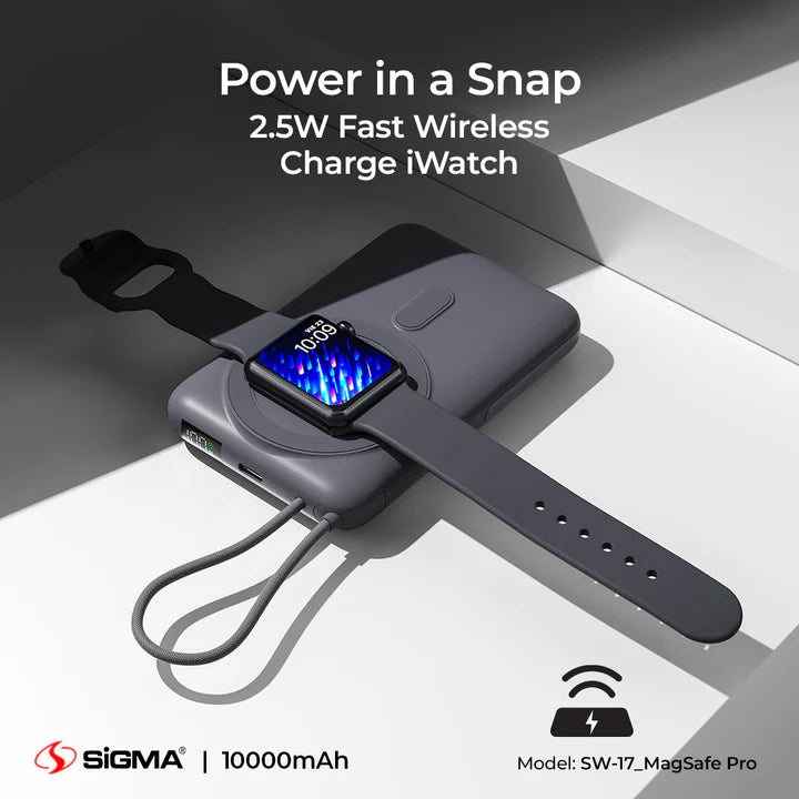 Sigma power bank with a smartwatch on a white surface, featuring text about fast wireless charging.