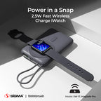 Sigma power bank with a smartwatch on a white surface, featuring text about fast wireless charging.