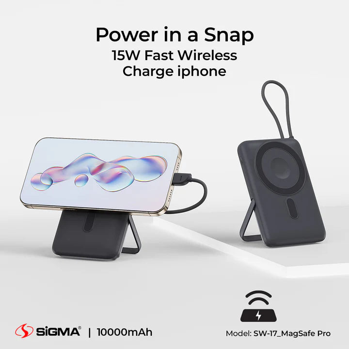 Wireless charger with phone and power bank on a white background, featuring Sigma brand.
