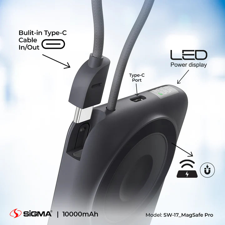 Sigma SW-17_MagSafe Pro 10,000 mah Power Bank with showing features such as LED, Built in Type C a light blue background