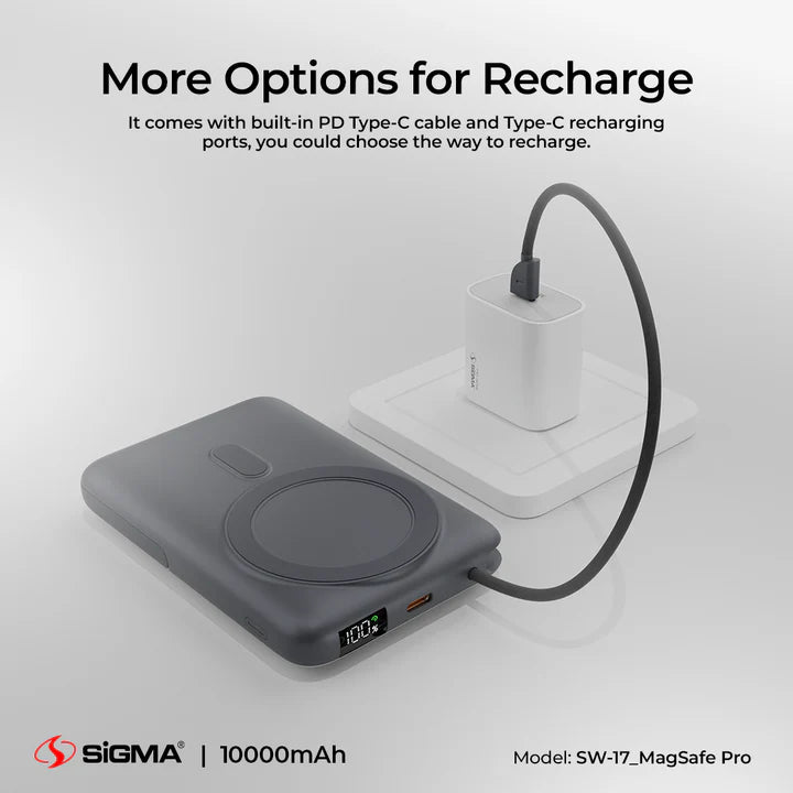 Sigma 10000mAh power bank with built-in PD Type-C cable on a light gray background
