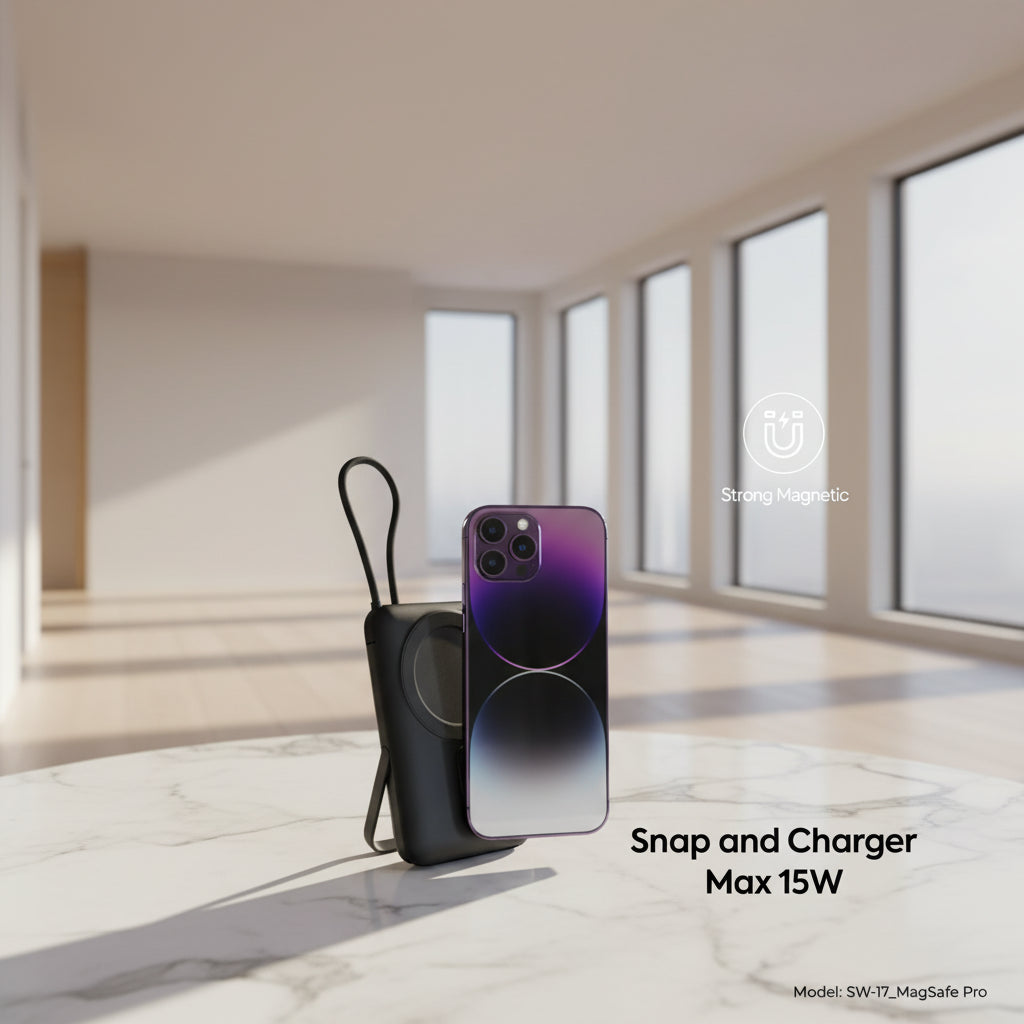 Black snap and charger with a phone, labeled 'Strong Magnetic' and 'Sigma', on a light background.