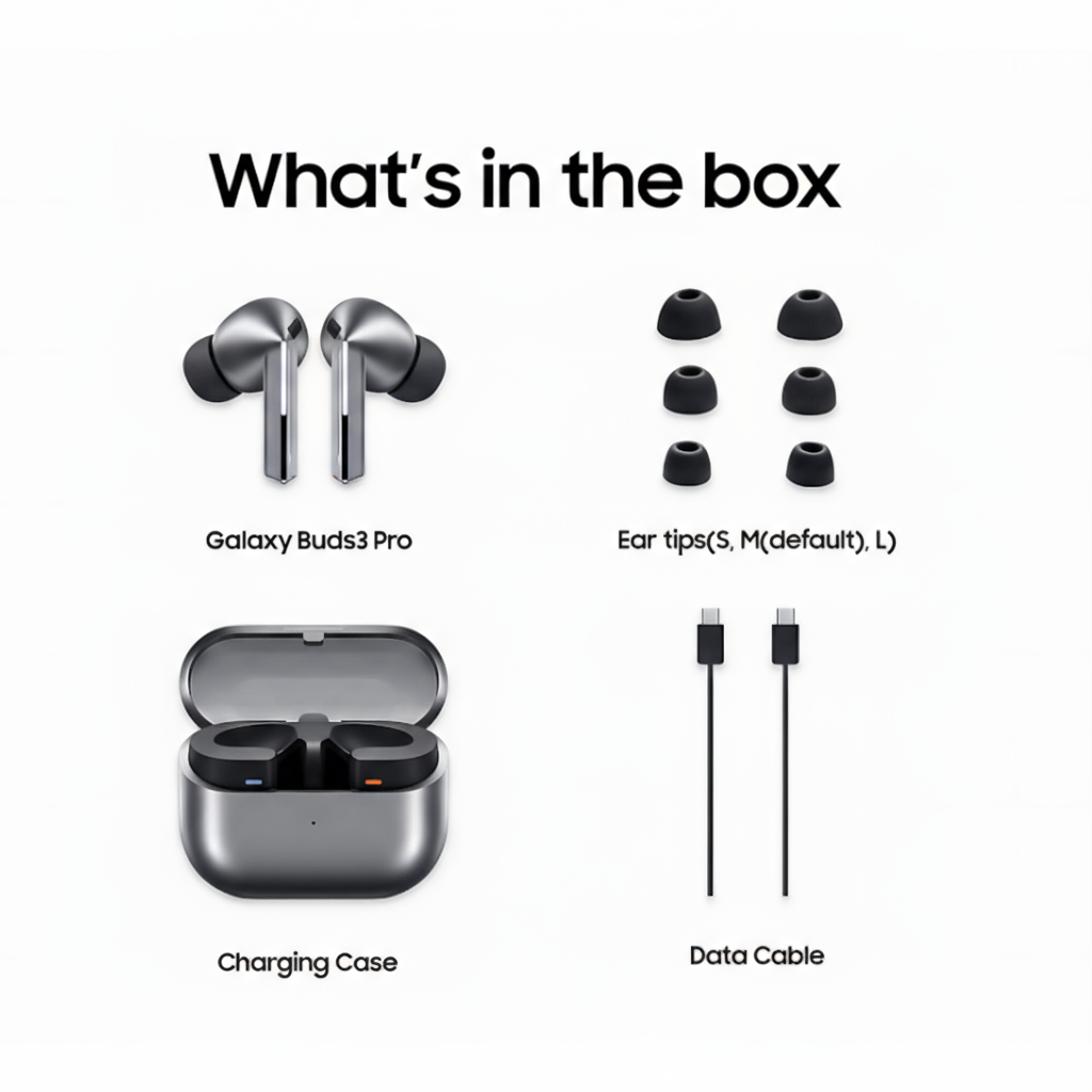 List of items included in a box with Galaxy Buds3 Pro, charging case, ear tips, and data cable.