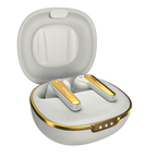 Wireless earbuds with gold accents in a white charging case on a white background