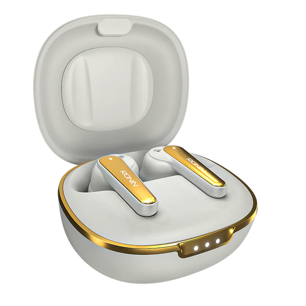 Wireless earbuds with gold accents in a white charging case on a white background