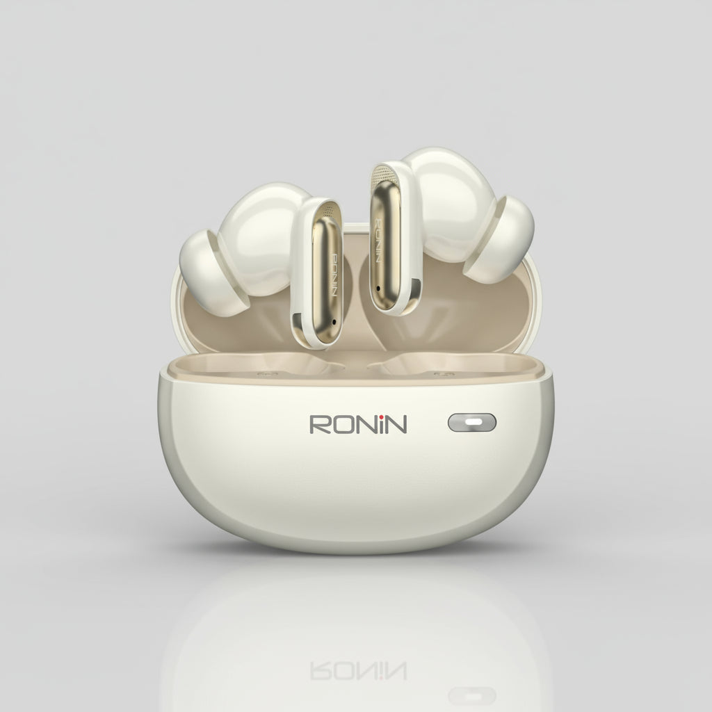 Wireless earbuds with charging case on a white background, featuring the brand 'RONIN'.