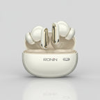 Wireless earbuds with charging case on a white background, featuring the brand 'RONIN'.