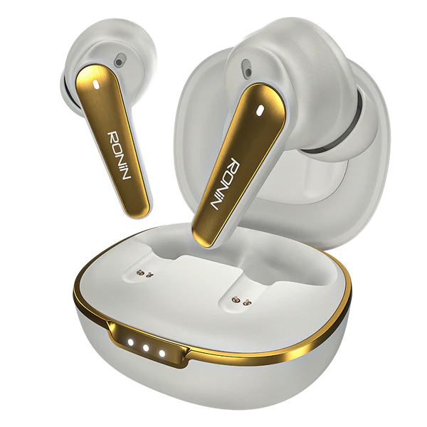 White and gold wireless earbuds with charging case on a white background